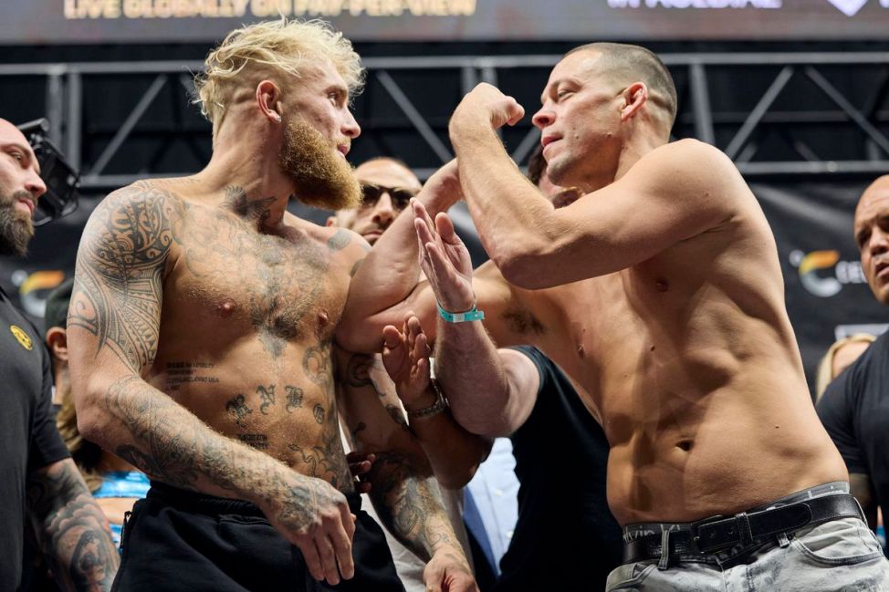 Jake Paul and Nate Diaz at the weigh-ins (Esther Lin/Most Valuable Promotions)