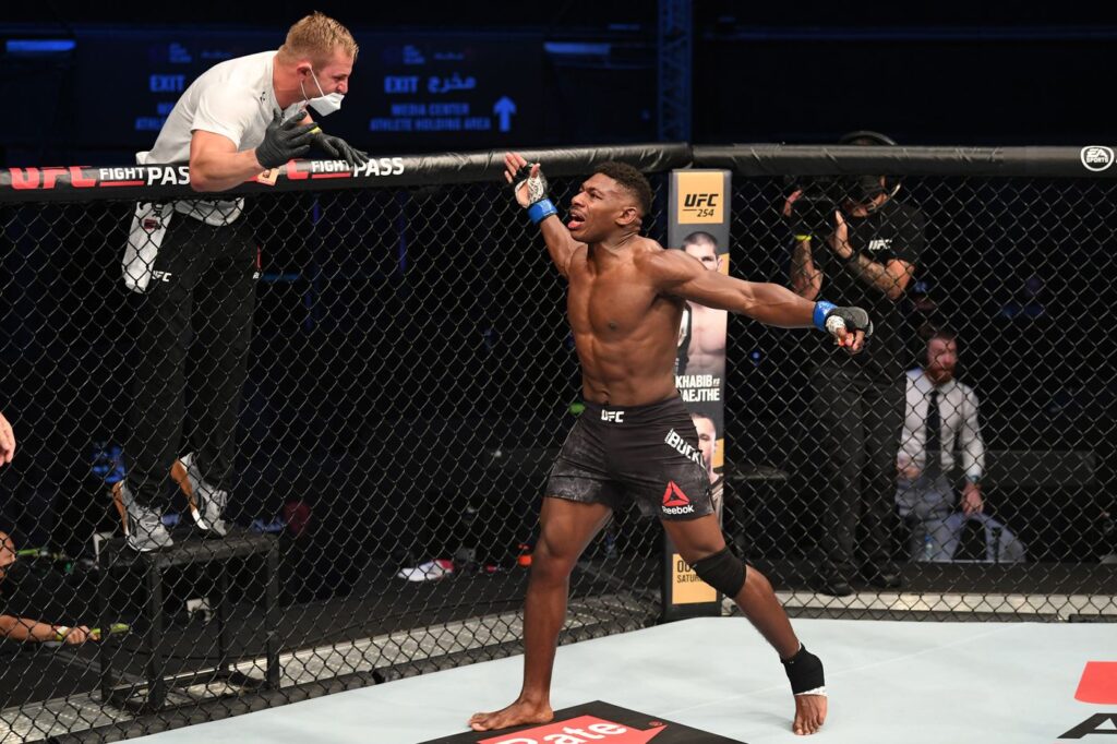 Joaquin Buckley celebrates after his KO victory against Impa Kasanganay (Zuffa LLC)