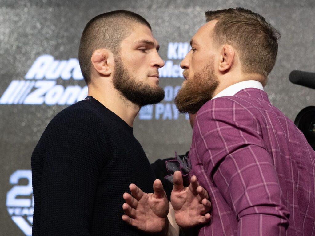 Khabib Nurmagomedov and Conor McGregor staredown before the UFC 229 main event (Zuffa LLC)