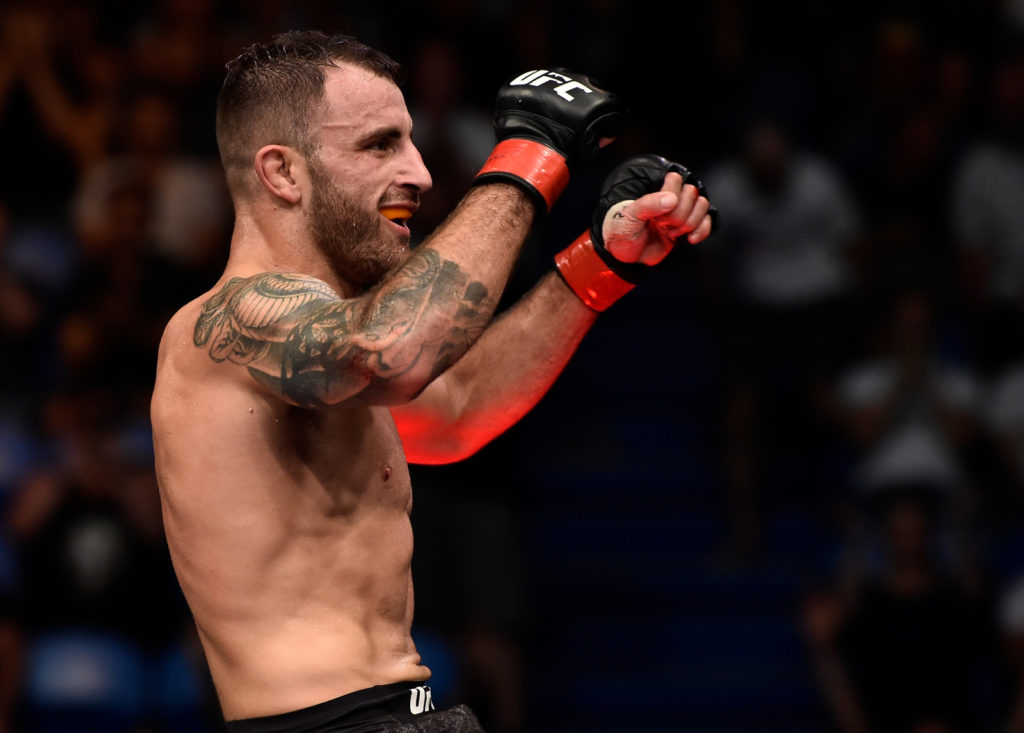 Alexander Volkanovski of Australia celebrates his victory over Jeremy Kennedy of Canada