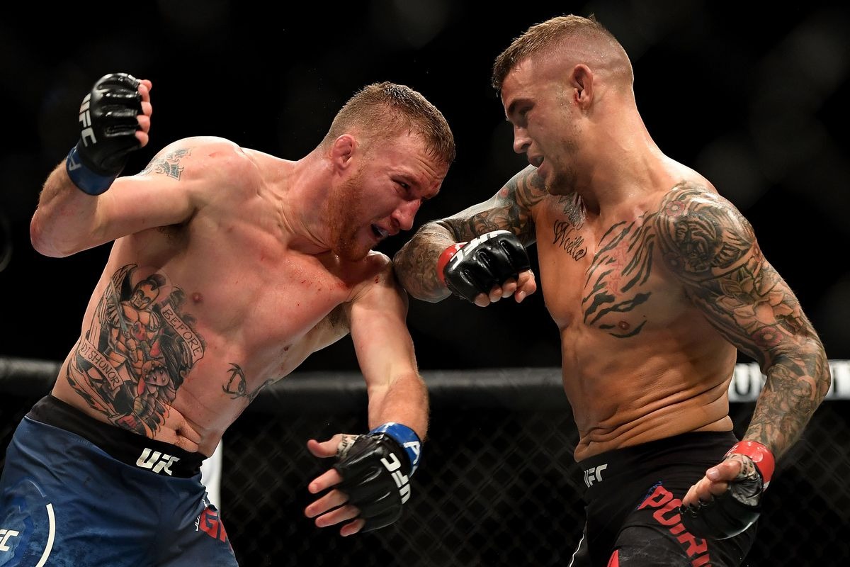 Dustin Poirier and Justin Gaethje battle in the UFC (Zuffa LLC)