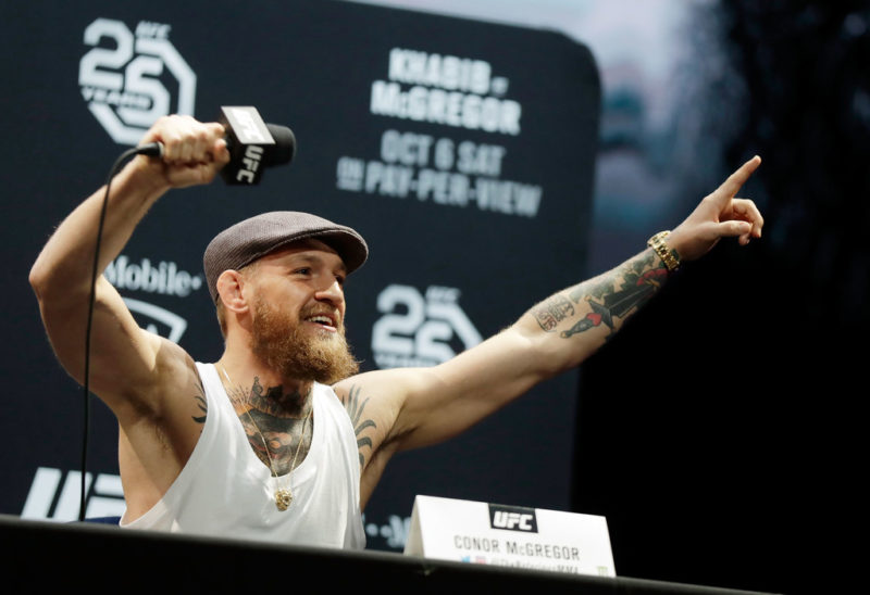 Conor McGregor speaks during a press conference for UFC 229 at Park Theater at Park MGM on October 04, 2018 in Las Vegas, Nevada