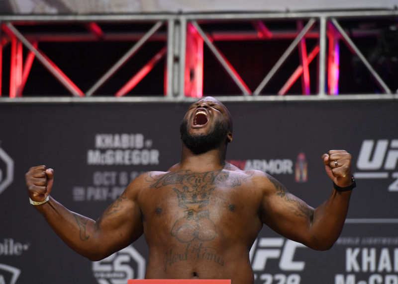 Derrick Lewis poses during a ceremonial weigh-in for UFC 229