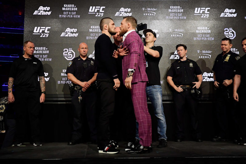 Lightweight champion Khabib Nurmagomedov faces-off with Conor McGregor during the UFC 229 Press Conference