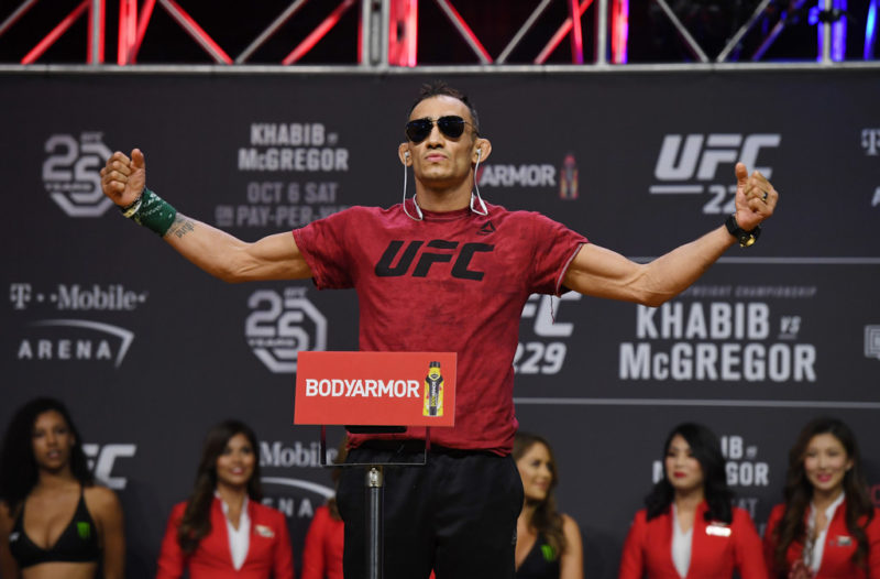 Tony Ferguson poses during a ceremonial weigh-in for UFC 229 at T-Mobile Arena on October 05, 2018