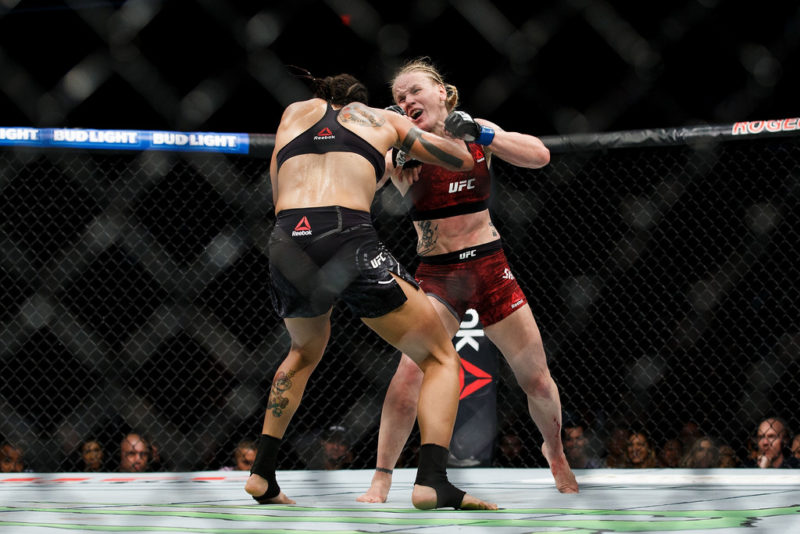 Amanda Nunes, left, fights Valentina Shevchenko during UFC 215