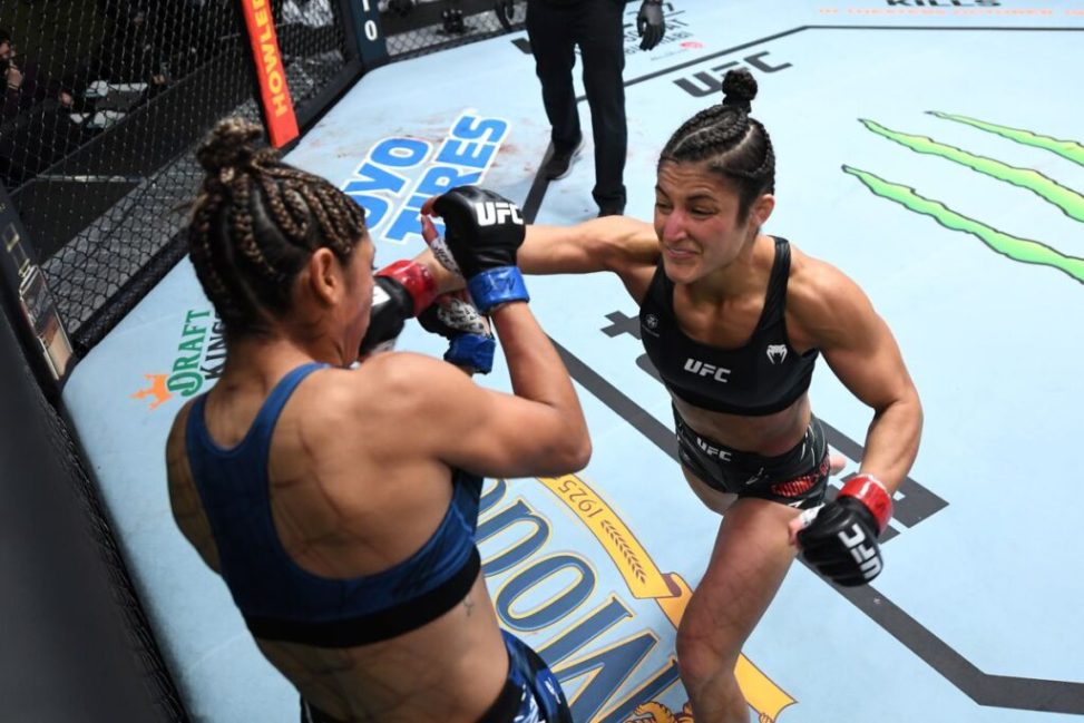 Lupita Godinez attacks Silvana Gomez Juarez her opponent at UFC Fight Night 194 (Zuffa LLC)