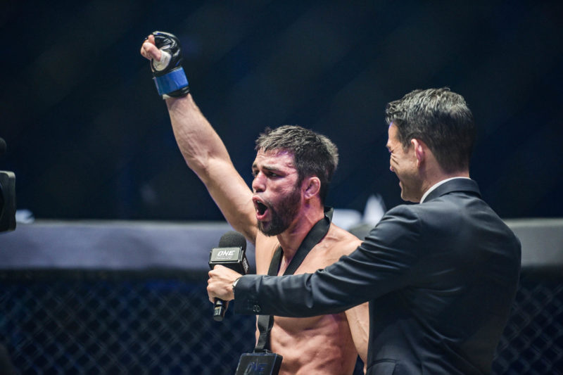 Garry Tonon celebrates after defeating Anthony Engelen in ONE Championship